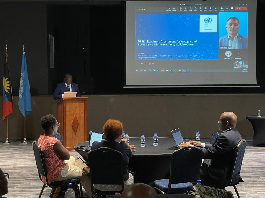 Hon. Melford Nicholas, Minister of ICTs in Antigua and Barbuda offers remarks during the opening ceremony of the UN Digital Readiness Assessment Workshop. Pictured also is Mr. Didier Trebucq, UN Resident Coordinator for Barbados and the Eastern Caribbean, who joins the presentation via Zoom.