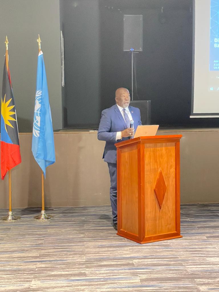 A full body photo of Minister Nicholas during his remarks at the UN Digital Readiness Assessment Workshop.