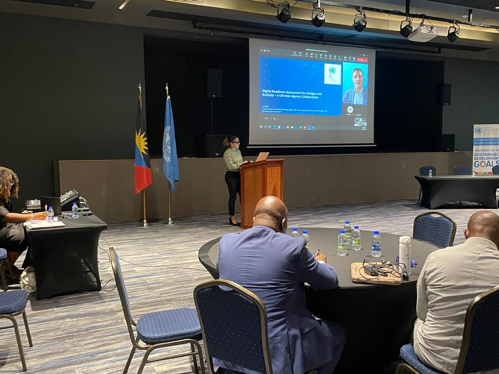 Ms. Isoke Perry, the Government of Antigua and Barbuda’s Focal Point for the Digital Transformation Framework, provides opening remarks at the UN Digital Readiness Assessment Workshop.