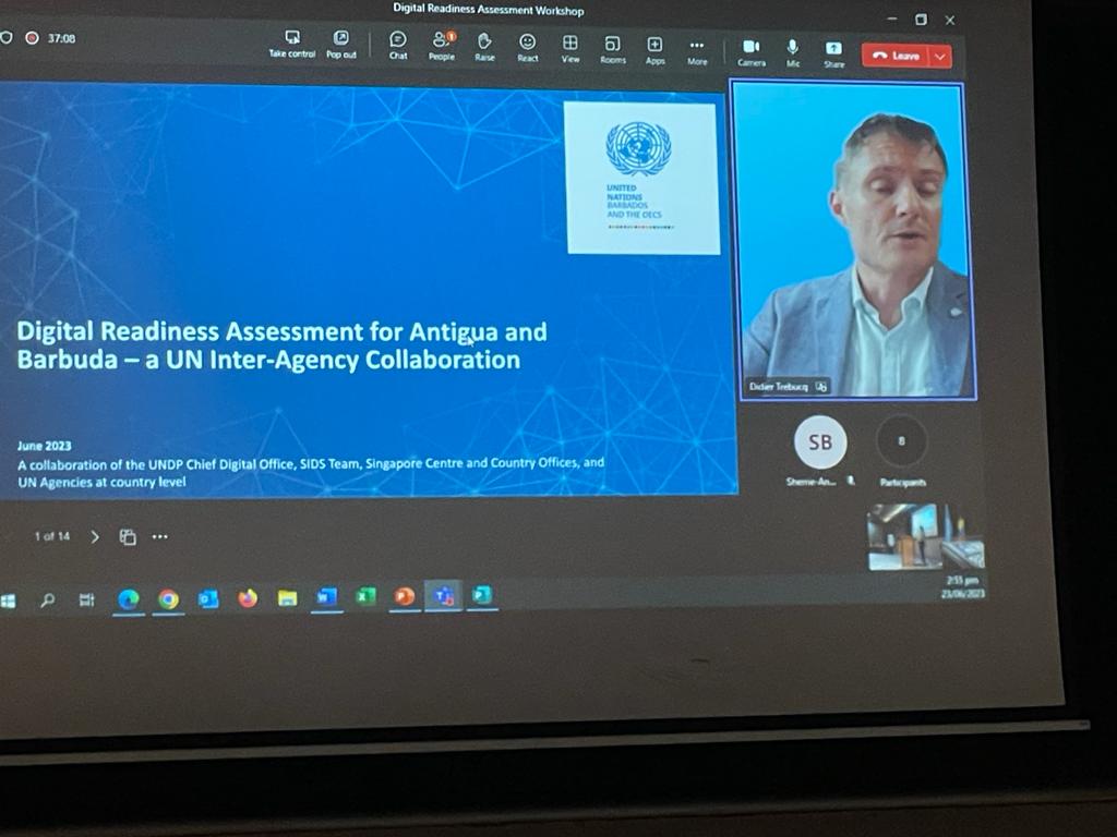 Mr. Didier Trebucq, the UN Resident Coordinator for Barbados and the Eastern Caribbean, offers opening remarks virtually at the UN Digital Readiness Assessment Workshop.